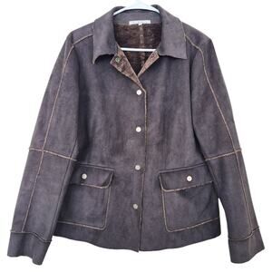 CAbi Womens Jacket Size L Faux Suede Sherpa Dark Brown Snap Front Pockets
